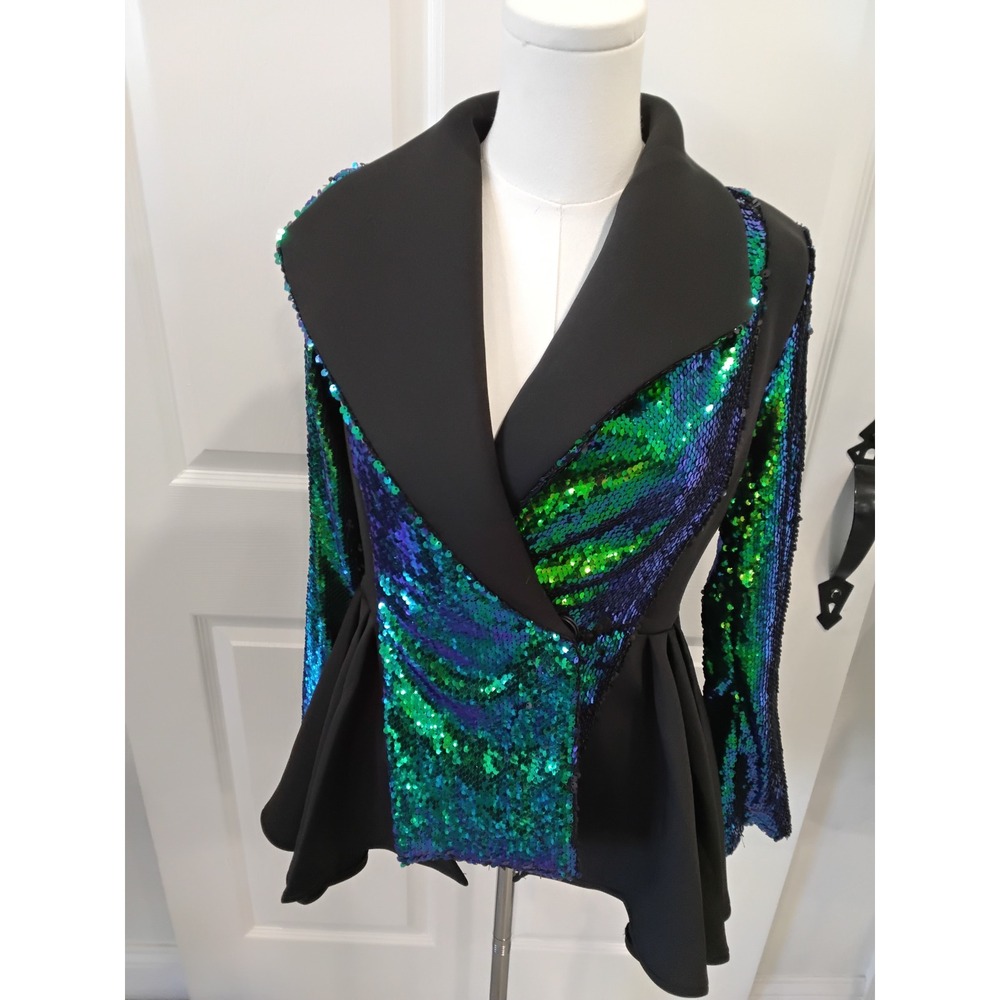 Eien‎ USA Mermaid Sequin Peplum Blazer Jacket Green Blue Small EI-1719